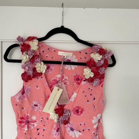 LoveShackFancy Shayna Mini Dress Daisy Print Flower Applique Tiered Skirt V-neck - Picture 7 of 13